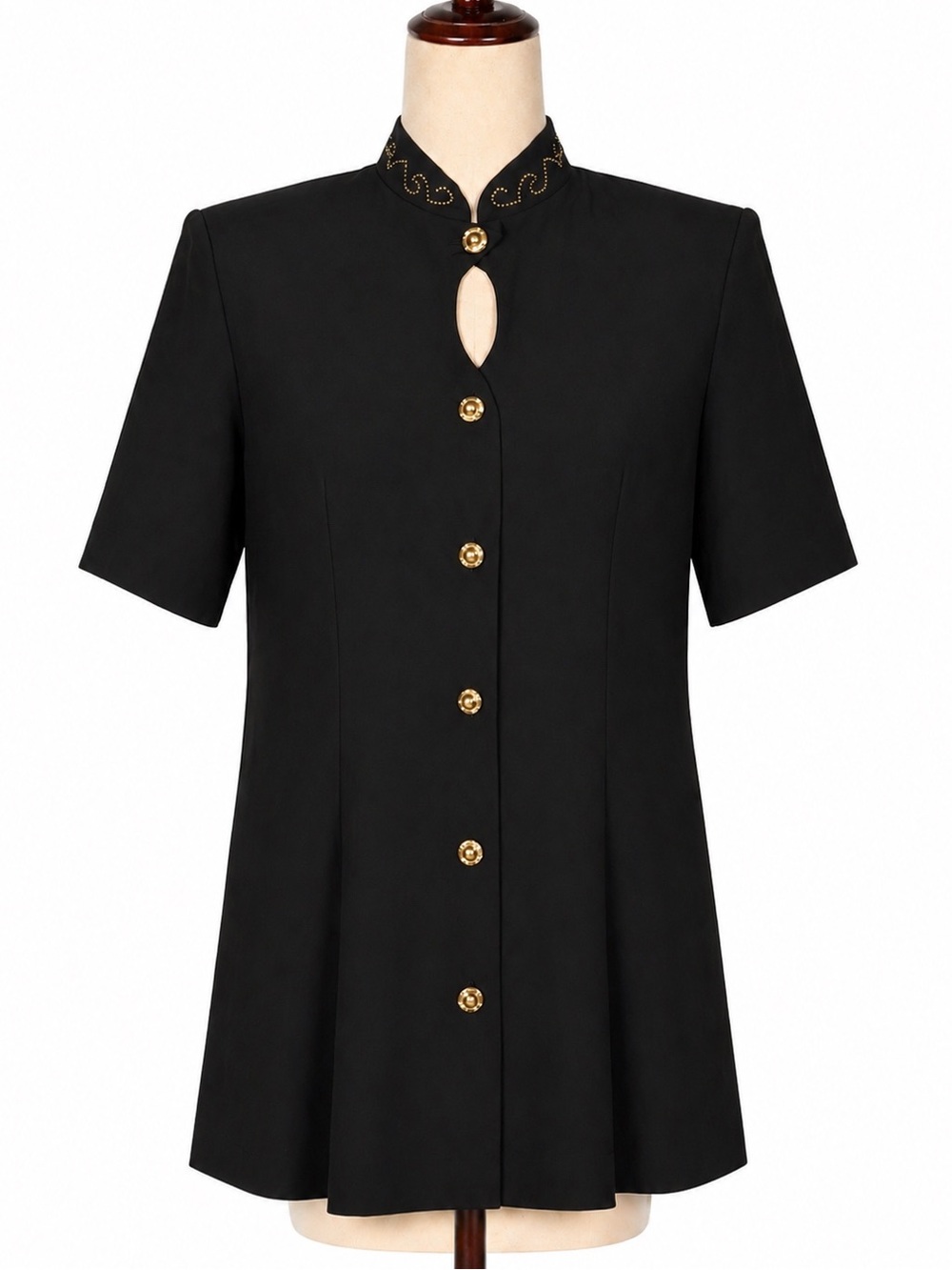 New old stock vintage keyhole, gold stud, high collar short sleeve blouse /top 8